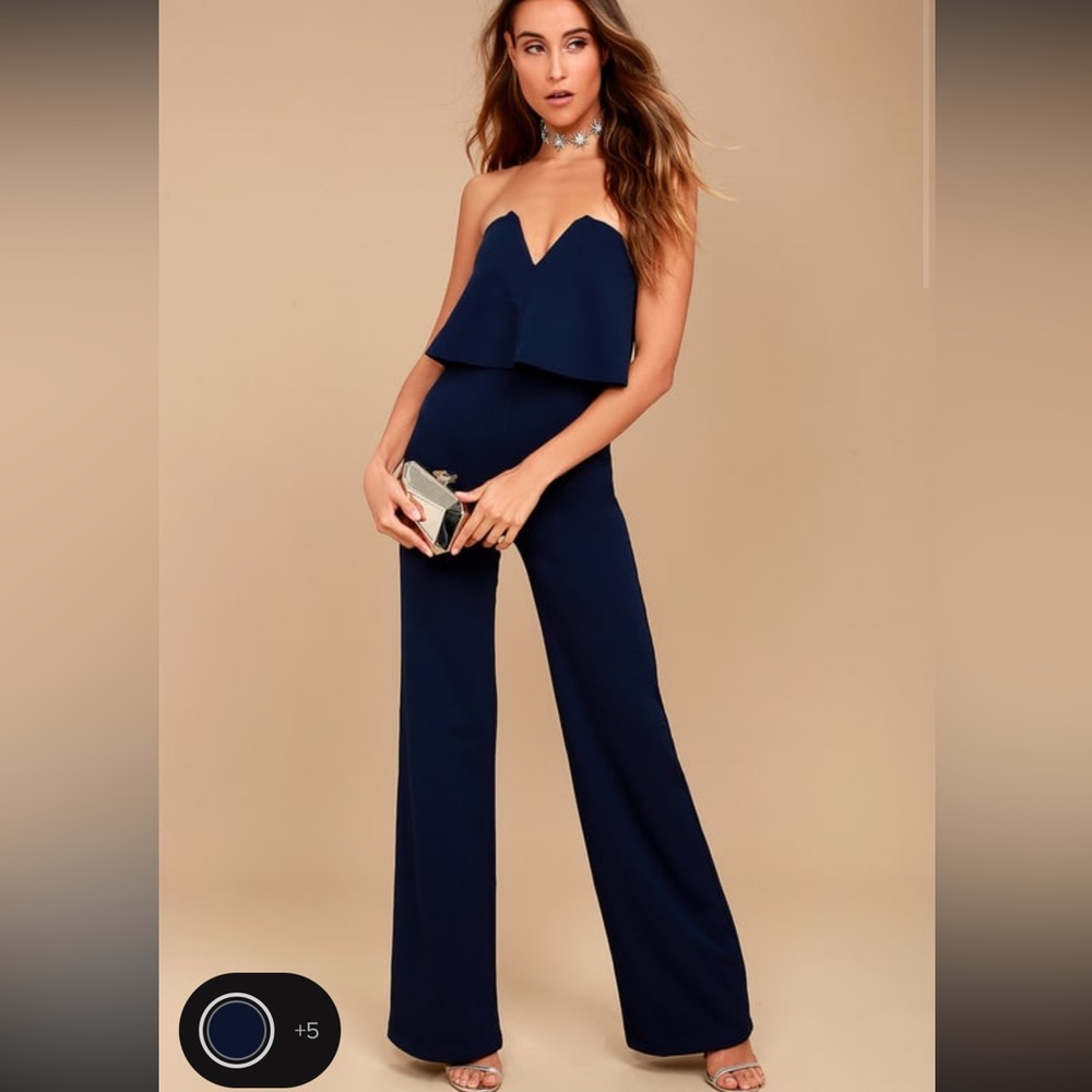 Power of love navy blue strapless jumpsuit LULUS